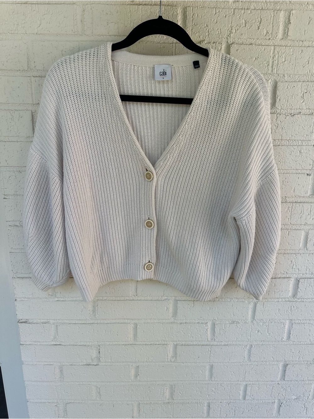 CAbi Cotton Cream V-Neck Balloon Sleeve Button Cardigan